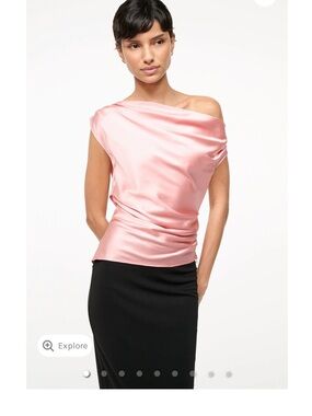 STAUD Blush Pink Satin One-Shoulder Top